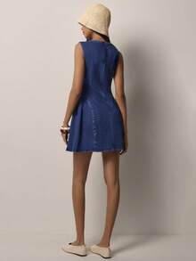 COSMINA Đầm denim ngắn cổ chữ V xếp ly dành cho nữ, đầm không tay thanh lịch thường ngày, đầm ngắn, đầm denim đơn giản tối giản. - Màu xanh lam - Xem 5