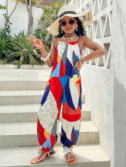 SHEIN Tween Girls' Summer Fashion Beach Vacation Style Patchwork Print Pleated Loose Drawstring Jumpsuit