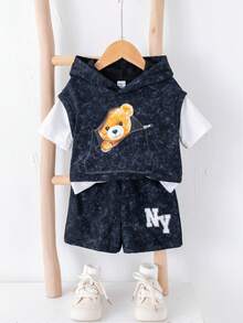 SHEIN 男婴夏季休闲街头风连帽上衣T恤和短裤套装（2件套），小熊图案 - 彩色 - 查看 2
