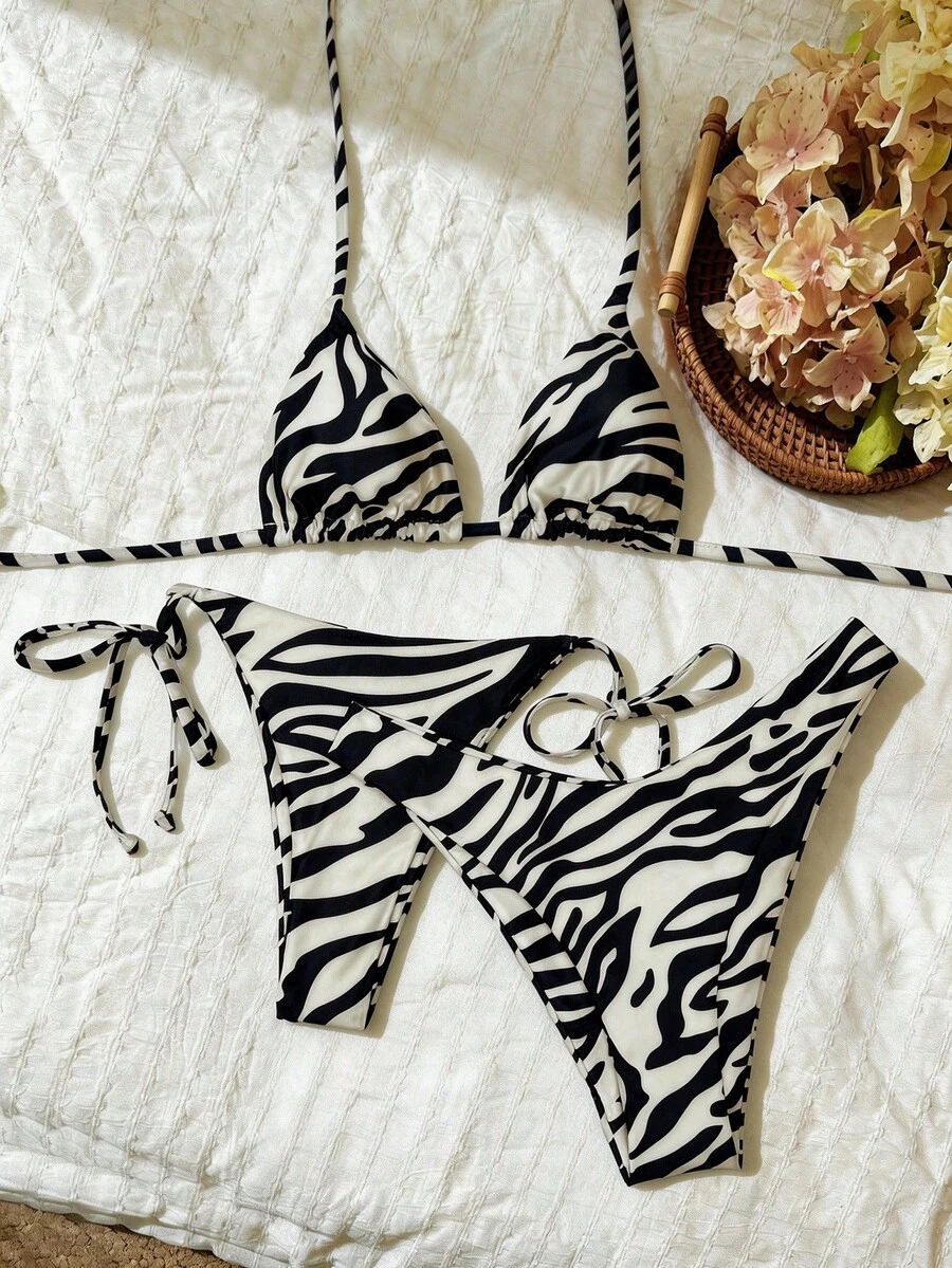 Elavelle Conjunto de bikini de 3 piezas con corte alto y estampado aleatorio para mujer, primavera/verano - Multicolor - Ver 1