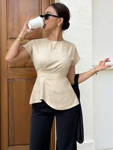 Siren Gaze Simple And Casual Three-Dimensional Cut Linen Short-Sleeved Fitted Top, Versatile Casual Shirt, Women's Office Wear. - Apricot - View 3