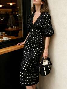 INAWLY 女士波点印花撞色蕾丝花瓣袖优雅连衣裙 - 黑色 - 查看 3