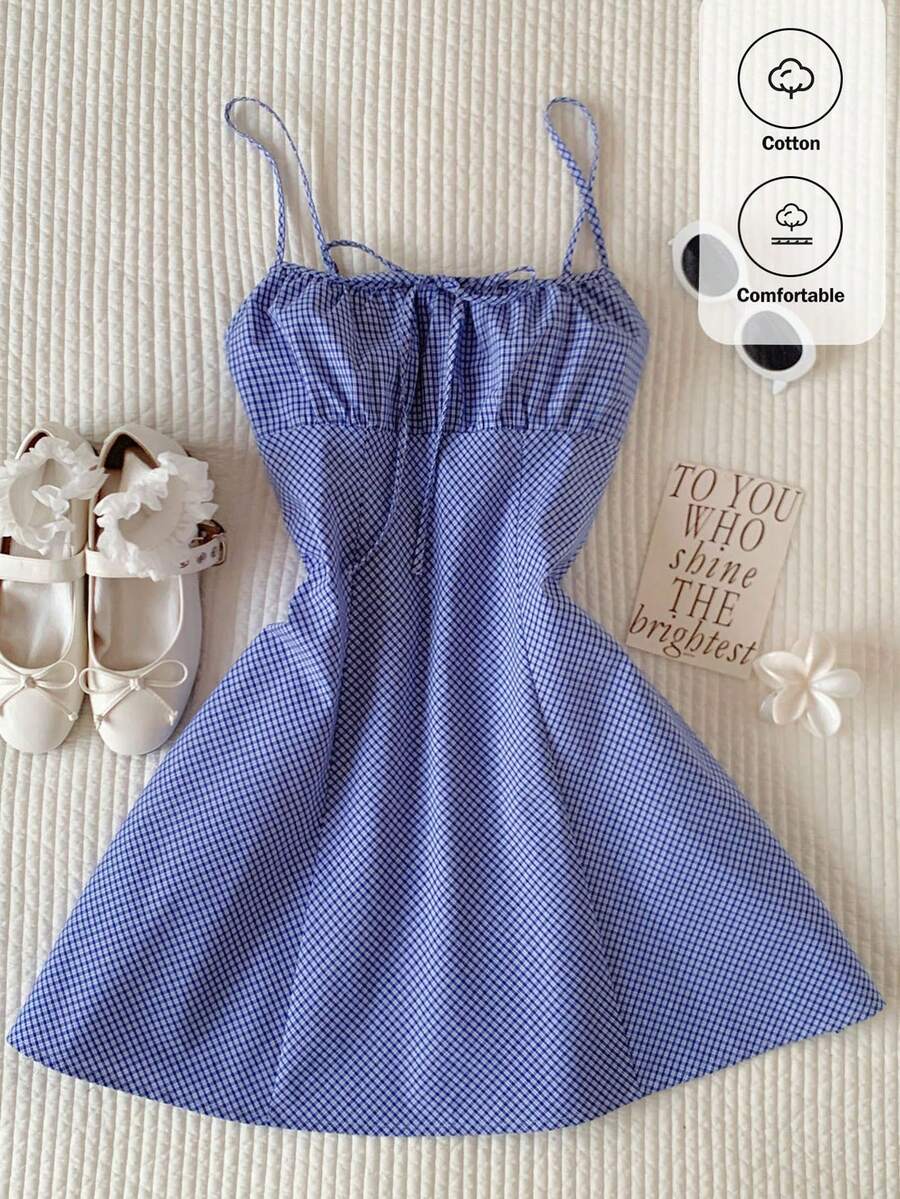 Comfortcana 女士休闲格子吊带迷你连衣裙，夏季 - 藍色 - 查看 1