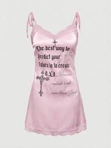 ROMWE Avant Women's Angel Cross Print Satin Mini Dress - Baby Pink - View 1