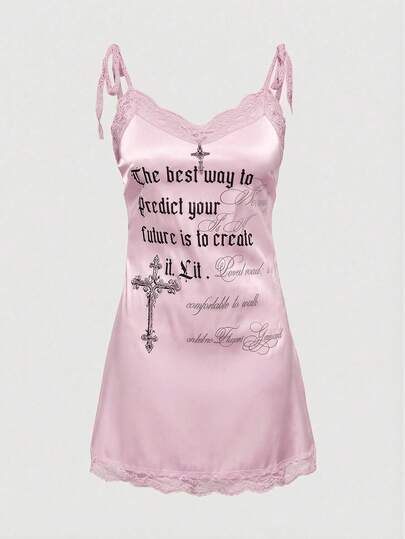 ROMWE Avant Women's Angel Cross Print Satin Mini Dress