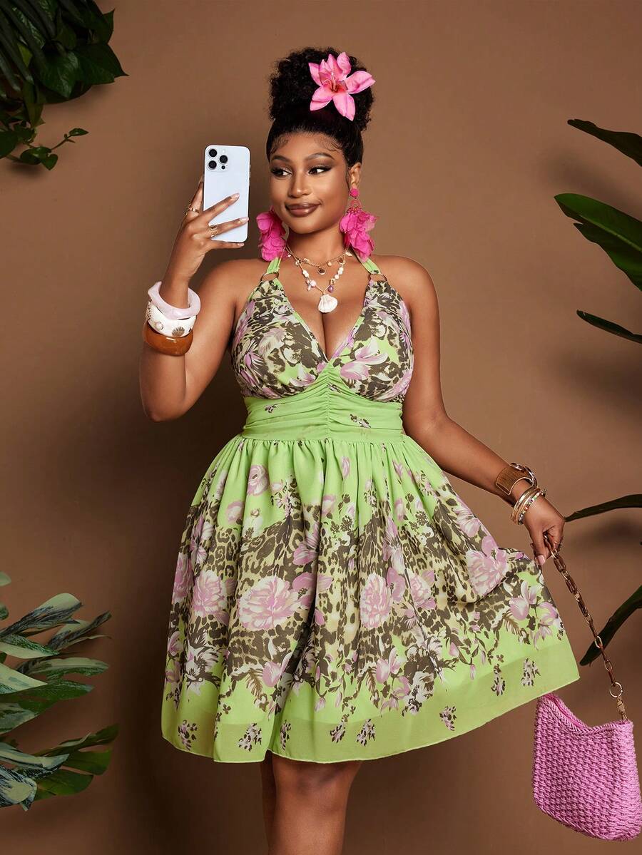 Maweii Halter Neck Sexy Leopard Print Vacation Beach Dress - Green - View 1