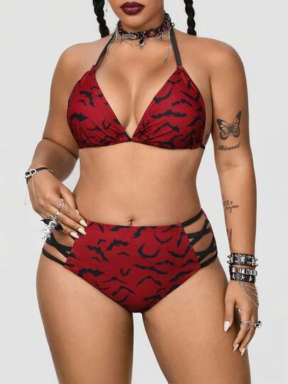 ROMWE Goth Plus Size Women 2pcs/Set Random Red Bat Print Fashion Vacation Daily Casual Sexy Triangle Cup High Waist Triangle Panty Drawstring Halter Split Bikini Set Set