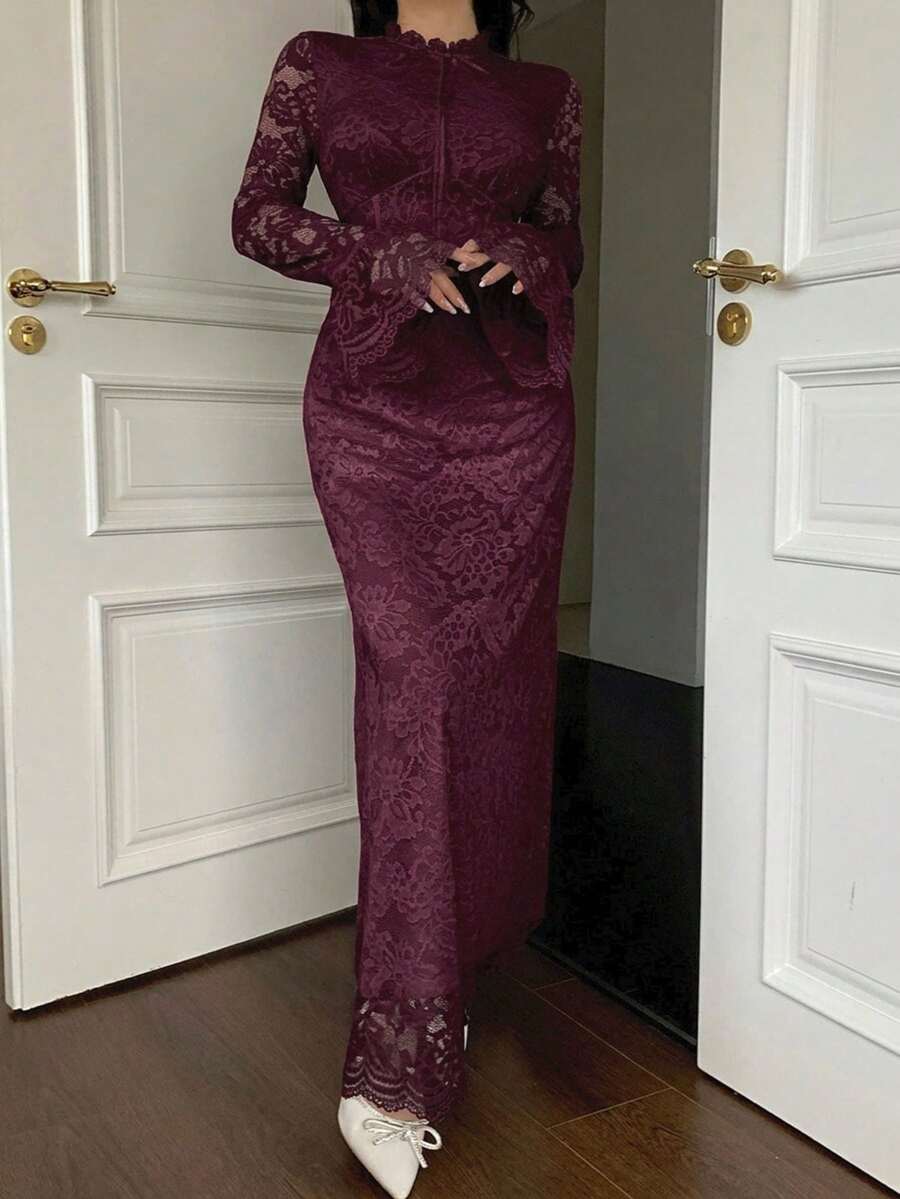 Feyla Vestido casual largo de unicolor con adorno de encaje para mujer, vestidos de noche largos - Rojo violeta - Ver 1