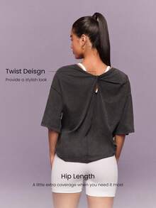 GLOWMODE Vintage Washed Pima Cotton Twist Back Ultra-Soft Stretchy Breathable Mid-Length Sleeves Front Pocket Crewneck Tee Low-Impact Daily Casual Wear - Dark Grey - View 3
