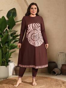 Swim Mulvari Women's Plus Size Casual Multicolor Graphic Knitted Long Sleeve High Neck Burkinis - Multicolor - View 3
