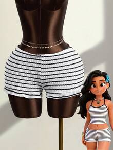 Zestiva High-Selling Spring/Summer Special Jacquard Textured Striped Fabric Elastic Waist Pants With Floral Trim - Multicolor - View 1