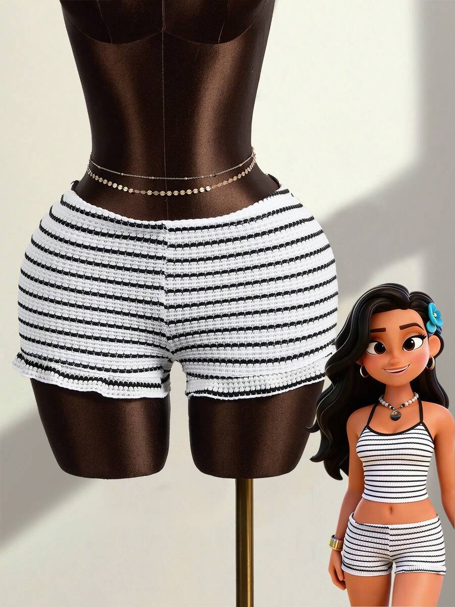 Zestiva High-Selling Spring/Summer Special Jacquard Textured Striped Fabric Elastic Waist Pants With Floral Trim - Multicolor - View 1