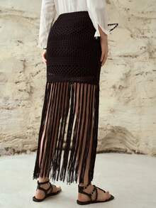 MOTF PREMIUM 钩针流苏毛衣裙，适合度假和日常穿着，春夏款 - 咖啡棕 - 查看 3