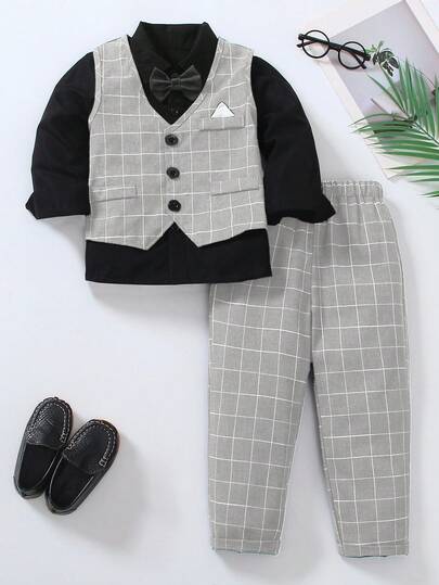 2pcs Set Plaid Vest + Pants, Formal Outfit For Boy, Suitable For Birthday Party, Wedding, Christening, Valentine's Day