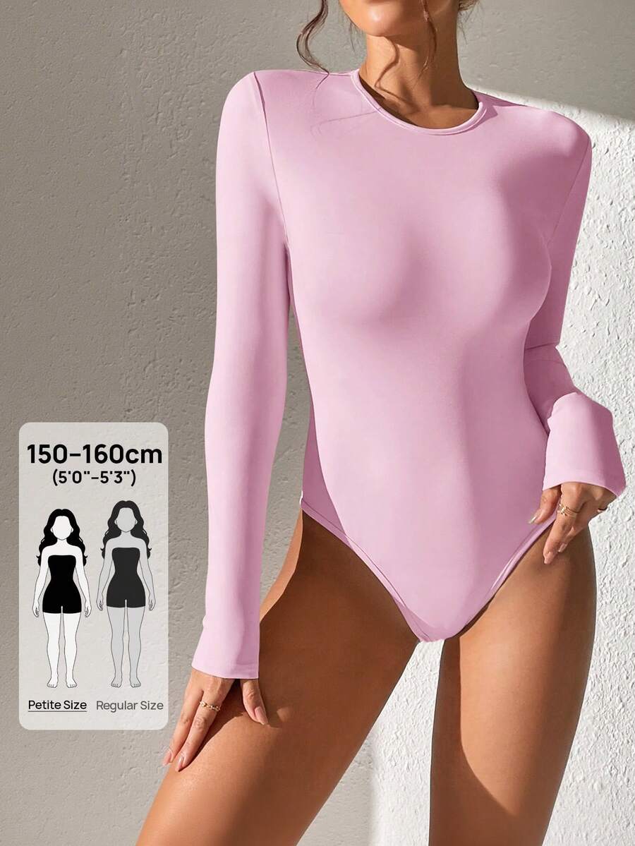 SHEIN PETITE Solid Slim Fit Spring Women Bodysuit Pink - Baby Pink - View 1