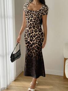 Modelyn Women's Summer Square Neck Ombre Leopard Print Fishtail Hem Bodycon Dress - Multicolor - View 6