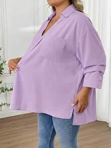 SHEIN CURVE+ Plus Size Casual Solid Color Pocket Shirt, Suitable For Commuting, Autumn - Mauve Purple - View 7