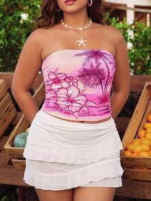 ROMWE Avant Island Vacation Style Hibiscus, Palm Tree, Sunset, Pink Sea Rhinestone Print Y2K Crop Top For Plus Size Women - Pink - View 5