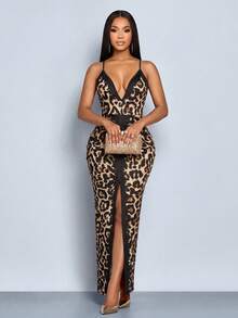 SOLERSUN Vestido largo de verano para mujer: Elegante y casual, estampado de leopardo degradado negro/marrón, tejido elástico de punto, escote en V profundo, sin mangas, tirantes finos, volantes en las caderas, abertura frontal, vestido largo - Marrón - Ver 7