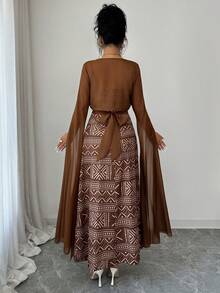 Islaluna Women's Arabic Style Outfit Set, Women's Kurta Set, Women's Saree, Chiffon Fabric, Geometric Pattern, Print, Fitted Camisole With Waist Tie Bow, Extra Long Exaggerated High Slit Bell Sleeve Cropped Top, Elegant Casual Luxurious Romantic Retro Sexy Spring/Summer Maxi Dress, Women's Cropped Shirt, Women's 2-Piece Set - Brown - View 2