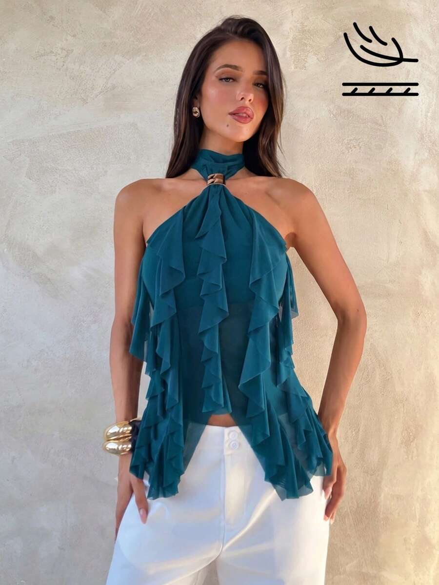 Aloruh Áo tank top ôm dáng cổ đứng nhiều lớp, viền bèo nhún, thanh lịch dành cho nữ - Màu xanh lá cây đậm - Xem 1