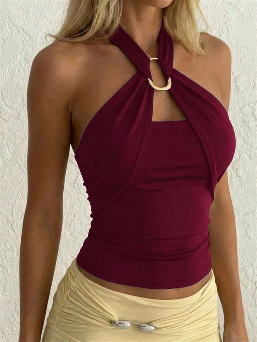 Aloruh Women's Elegant Metal Buckle Decor Cinched Waist Ruched Tie-Neck Camisole - Burgundy - View 1