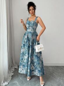 Modelyn Vestido de tirantes elegante con estampado de pintura al óleo retro francés para mujer - Azul - Ver 6