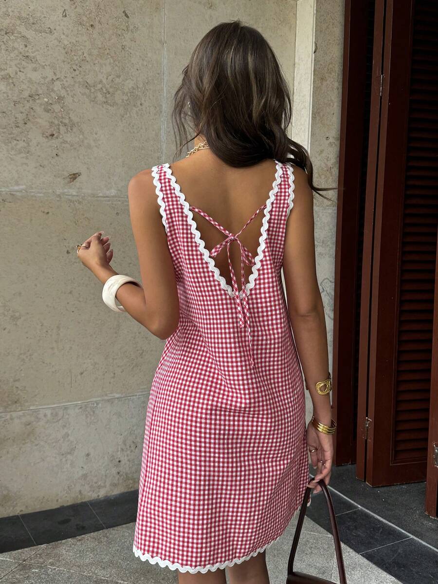 Pariaura French-Style Elegant Red And White Plaid Summer Women's Dress,Backless Design With Contrasting Wavy Trim,Short Resort Dress Perfect For Picnic - Red - View 1