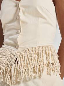 MUSERA Blusa con cuello en V, abotonada, con estilo sastre, dobladillo con flecos y borlas, linda para vacaciones, sexy para salir de noche, elegante para primavera y verano - Amarillo - Ver 6