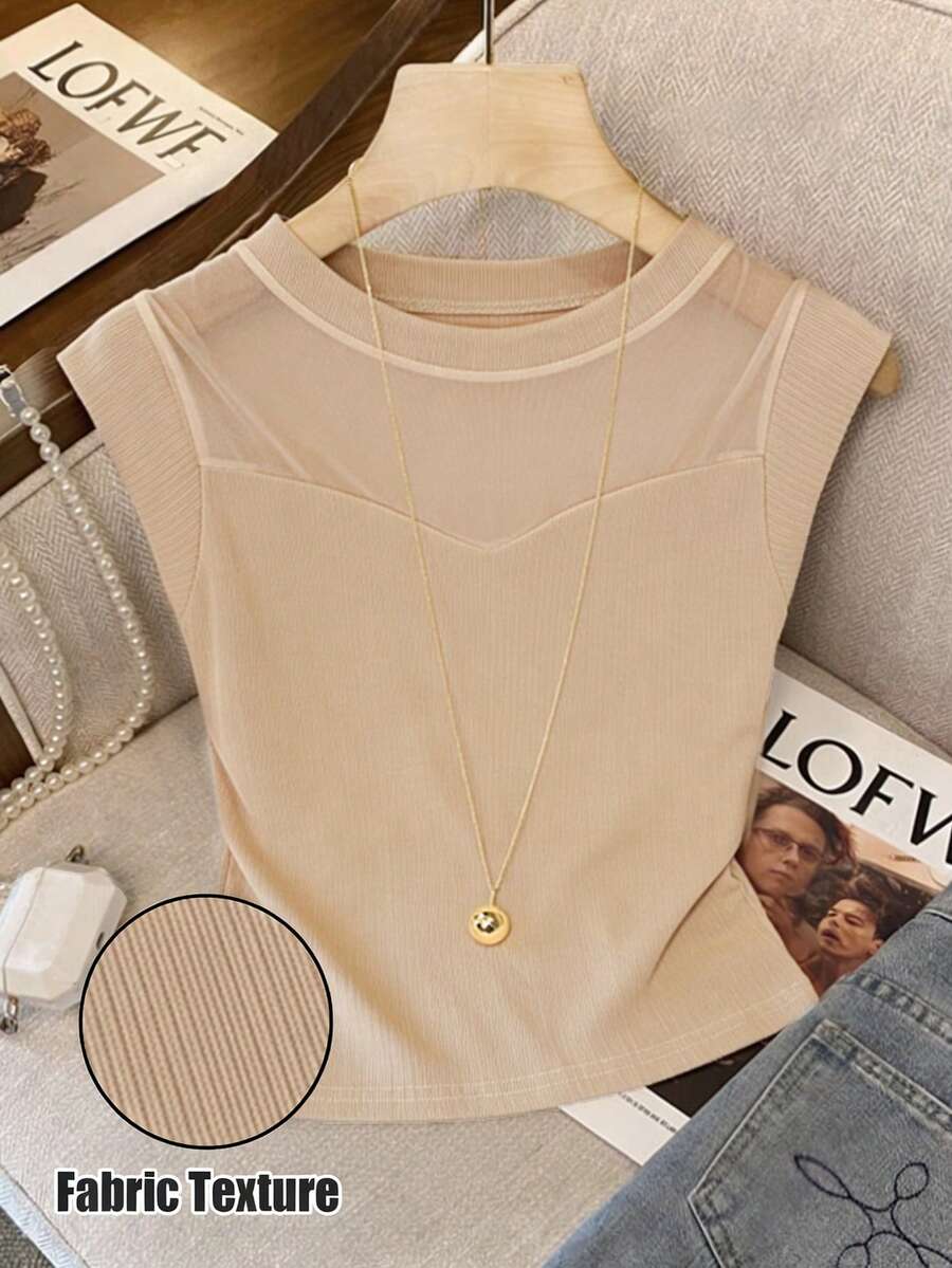 Franclia 夏季新款小众圆领短袖休闲简约修身网纱拼接T恤，女士背心，女士短袖上衣，女士夏季上衣。女士紧身衣。 - 卡其色 - 查看 1