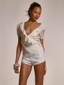 MUSERA Plunge Wrap Front Ruffle Petal Sleeve Top Cute Summer Spring Sexy Going Out Beach Holiday Vacation Honey Tides - Grey - View 1