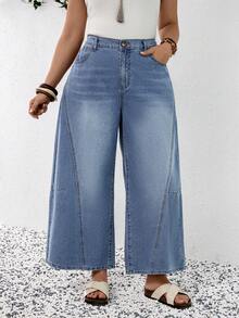 EMERY ROSE Mature Denim 大码女式休闲日常通勤简约百搭宽松阔腿牛仔裤，不含腰带，适合夏季、春季、嘉年华、派对、海滩、外出、约会、鸡尾酒会、正式场合、度假、办公室、工作、通勤、婚礼宾客以及西部节日等场合。 - 藍色 - 查看 4