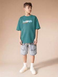 SUMWON Jungen Teenager Türkisfarbenes Grafik-Muster ICON Rundhals Kurzarm Sommer Casual T-Shirt - Taubenblau - Übersicht 3