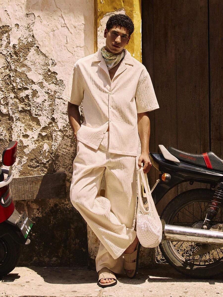 Musero Slim Fit Pleated Trouser Button Through Short Sleeve Revere Collar Textured Co Ord Set Outfit Spring Summer Essentials - Apricot - View 1