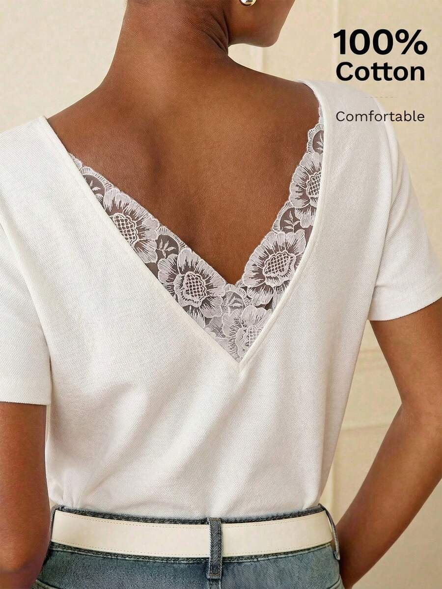 Lilora Áo thun nữ cổ chữ V sâu, phối ren, chất liệu cotton cao cấp, thời trang, đa năng và thanh lịch, phù hợp cho đi làm, đi chơi thường ngày, dự tiệc, hẹn hò, tụ họp, hoạt động giải trí, dã ngoại, kỳ nghỉ, du lịch mùa hè và các chuyến đi nghỉ lễ. Áo cotton phối ren, áo kiểu cotton, áo tay ngắn, áo lót ren, áo thời trang, áo thoải mái.