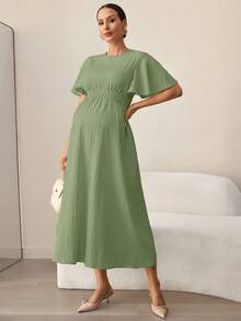 MaterniWear 孕妇纯色圆领休闲度假短袖连衣裙 - 綠色 - 查看 6