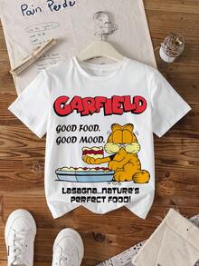 GARFIELD | SHEIN 少女休闲字母猫咪印花圆领短袖T恤，夏季 - 白色 - 查看 1