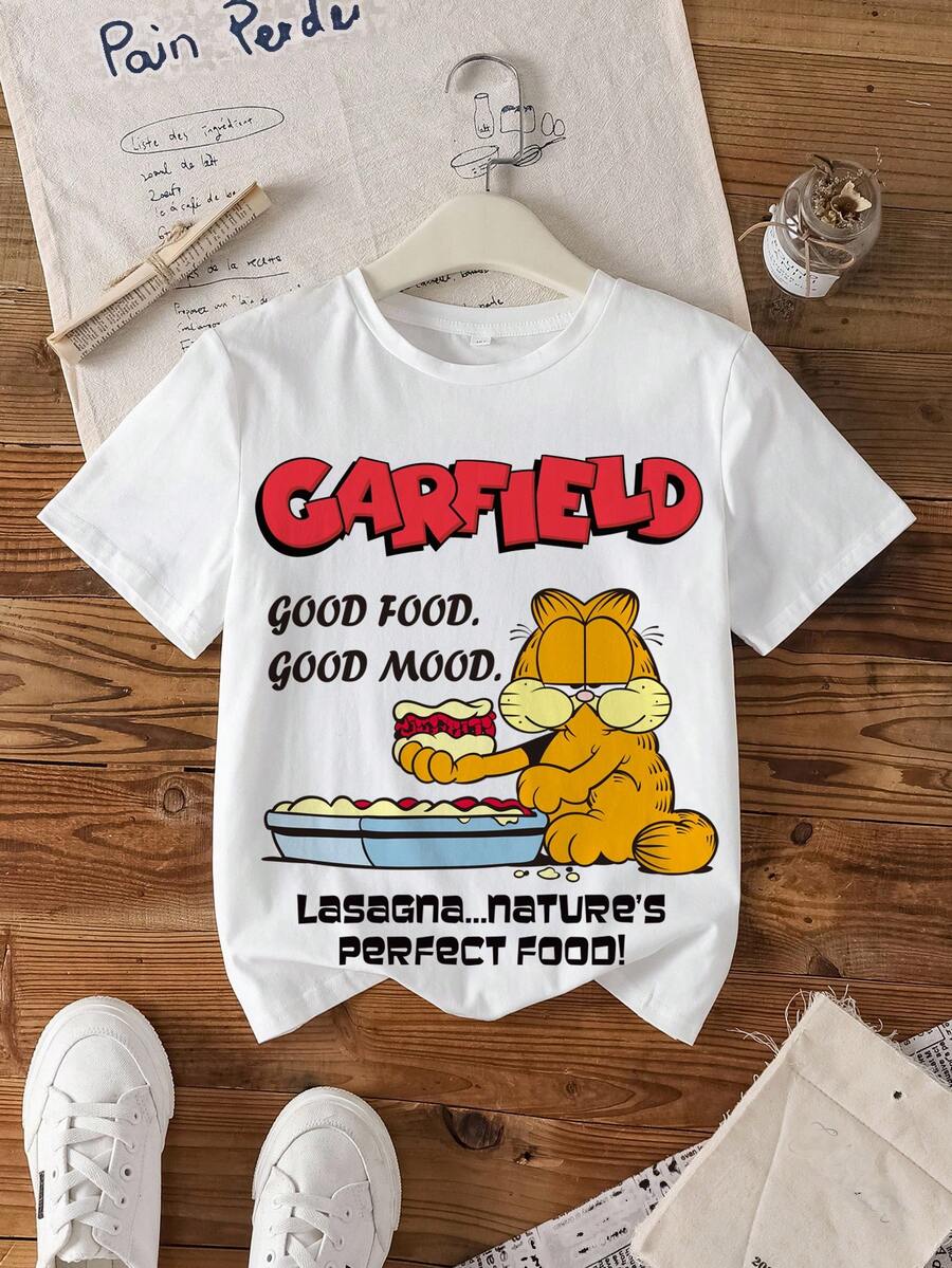 GARFIELD | SHEIN 少女休闲字母猫咪印花圆领短袖T恤，夏季 - 白色 - 查看 1