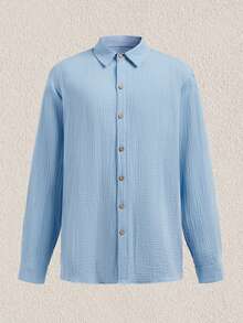 Mercer Haus 男士亚麻/波西米亚风格长袖衬衫，秋季 - 藍色 - 查看 1