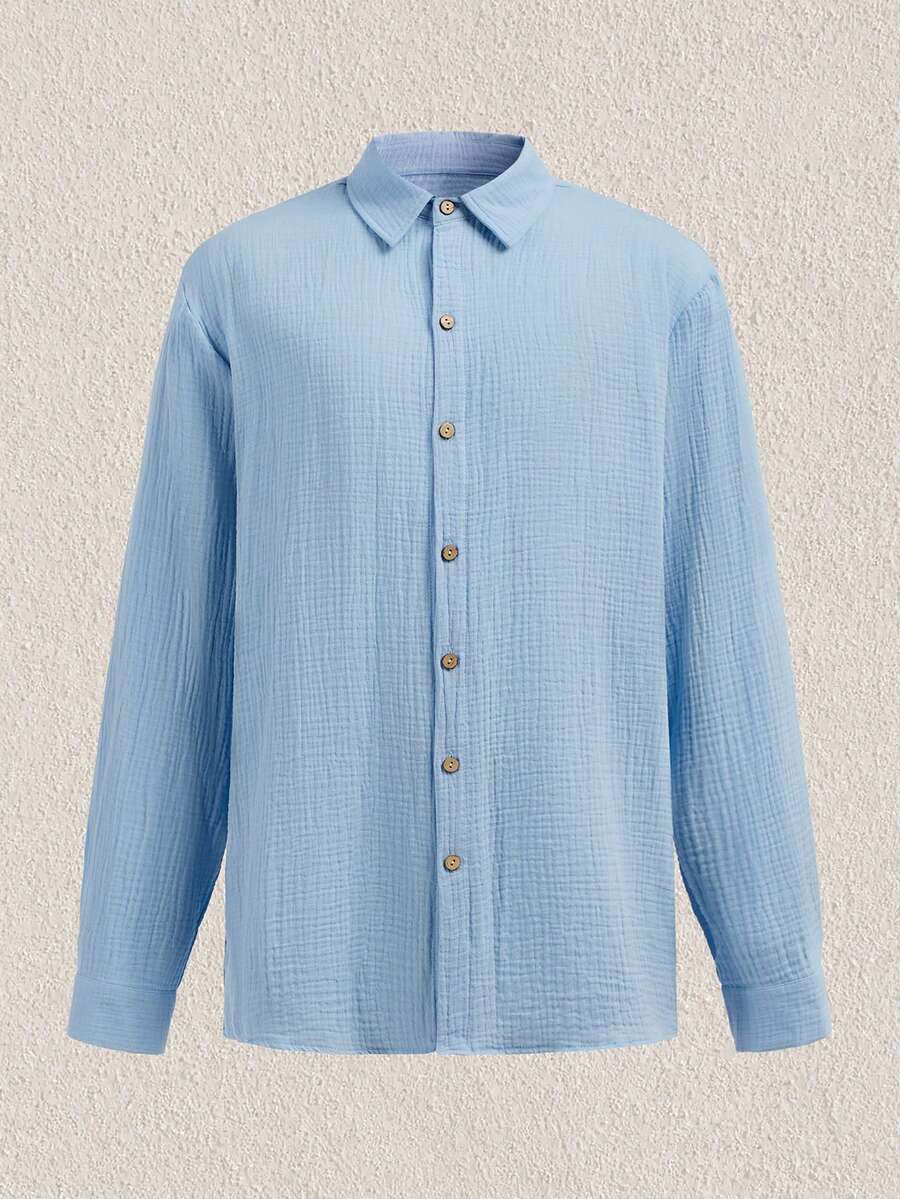 Mercer Haus 男士亚麻/波西米亚风格长袖衬衫，秋季 - 藍色 - 查看 1