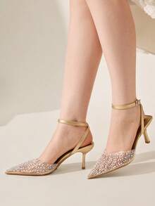 CUCCOO CHICEST 女士珍珠水钻透明带尖头细高跟凉鞋，性感优雅露背高跟鞋 - 金色 - 查看 7