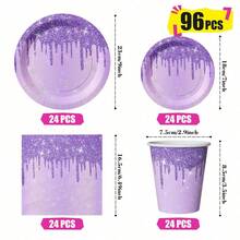 渐变紫色闪光钻石一次性餐盘、餐巾纸和杯子，派对用品套装，可供 24 人使用，一次性纸质派对餐具，适合生日、婚礼、主题派对和家庭野餐。 - 查看 9