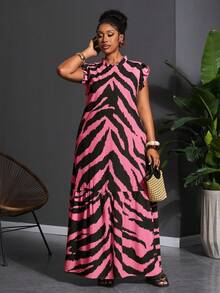 Veslaya Vestido de moda con estampado de bloques de color talla grande - Rosa Fucsia - Ver 6