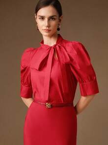 Anewsta 女士春季蝴蝶结泡泡袖优雅衬衫 - 紅色 - 查看 6