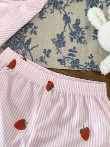SHEIN Infant/Toddler Girls' Strawberry Bow Sleeveless Top And Shorts Set - Pink - View 6