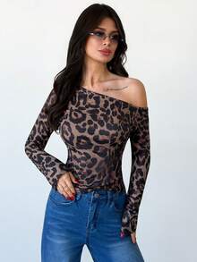 Rafferiza Áo thun dài tay ôm sát, họa tiết da báo, kiểu dáng thời trang thường ngày, vai bất đối xứng. - màu đen - Xem 4