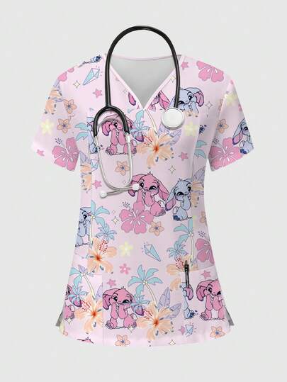 TaskEZ Áo đồng phục y tá in hình hoạt hình chú thỏ dễ thương và hoa dâm bụt, cổ chữ V, tay ngắn, trang phục làm việc cho nữ trong ngành y tế, mùa xuân/hè.
