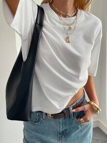 DAZY 女士休闲宽松圆领基础款短袖上衣，秋冬季露脐上衣 - 白色 - 查看 7