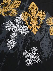 STYNVO Men's Casual Cross & Iris Graphic Loose Fit T-Shirt, Fashionable Street Style For Summer - Black - View 4