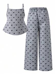 SHEIN 2pcs/Set Spring/Summer Tween Girls Casual Sweet Cute Textured Bubble Crinkle Fabric Camisole Top & Loose Wide Leg Pants Set, Suitable For Daily, Commute, Holiday, Sisters Street Photography - Grey - View 2